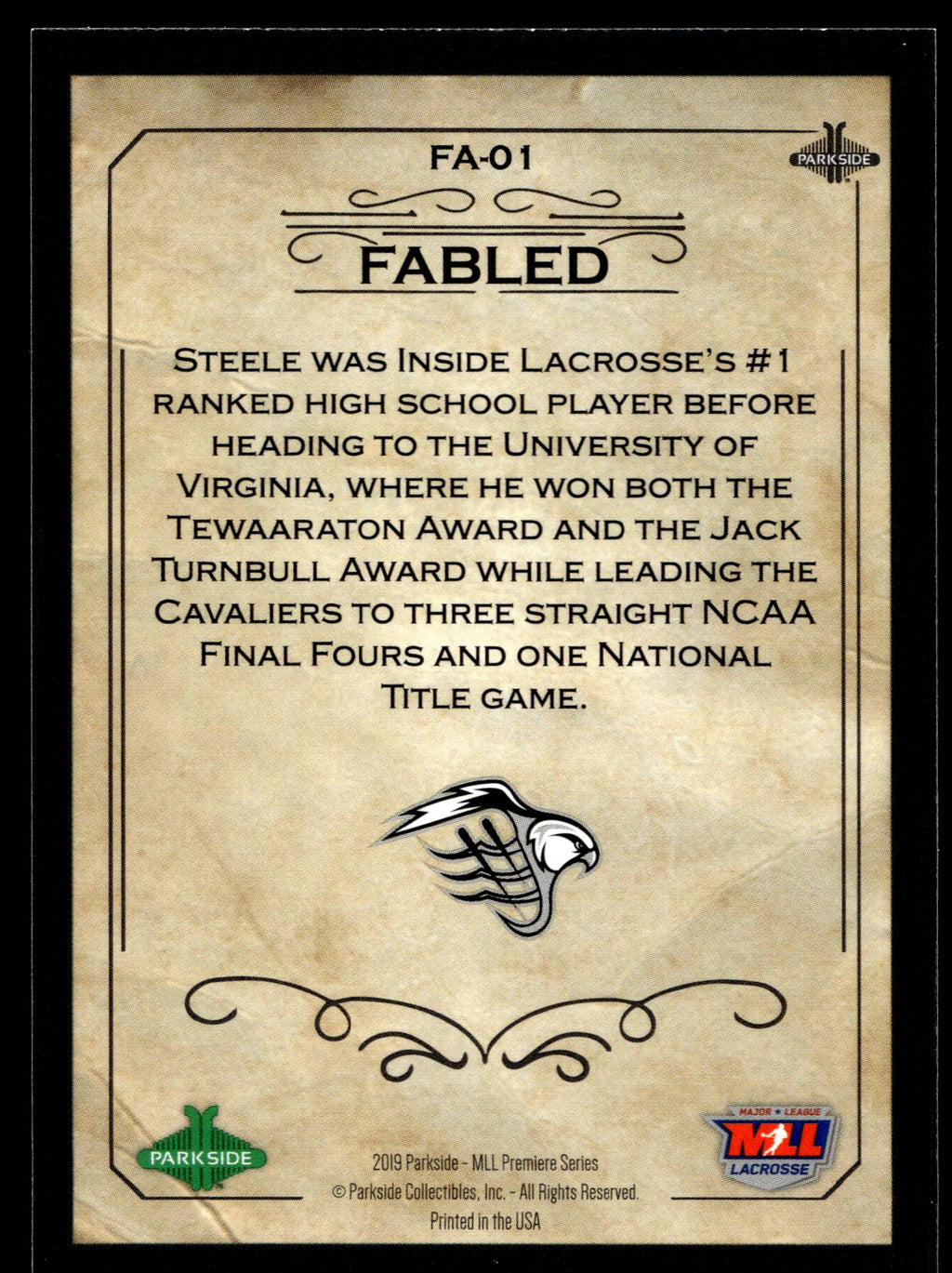 Steele Stanwick 2019 MLL Premier Series Chesapeake Bayhawks Fabled #FA-01