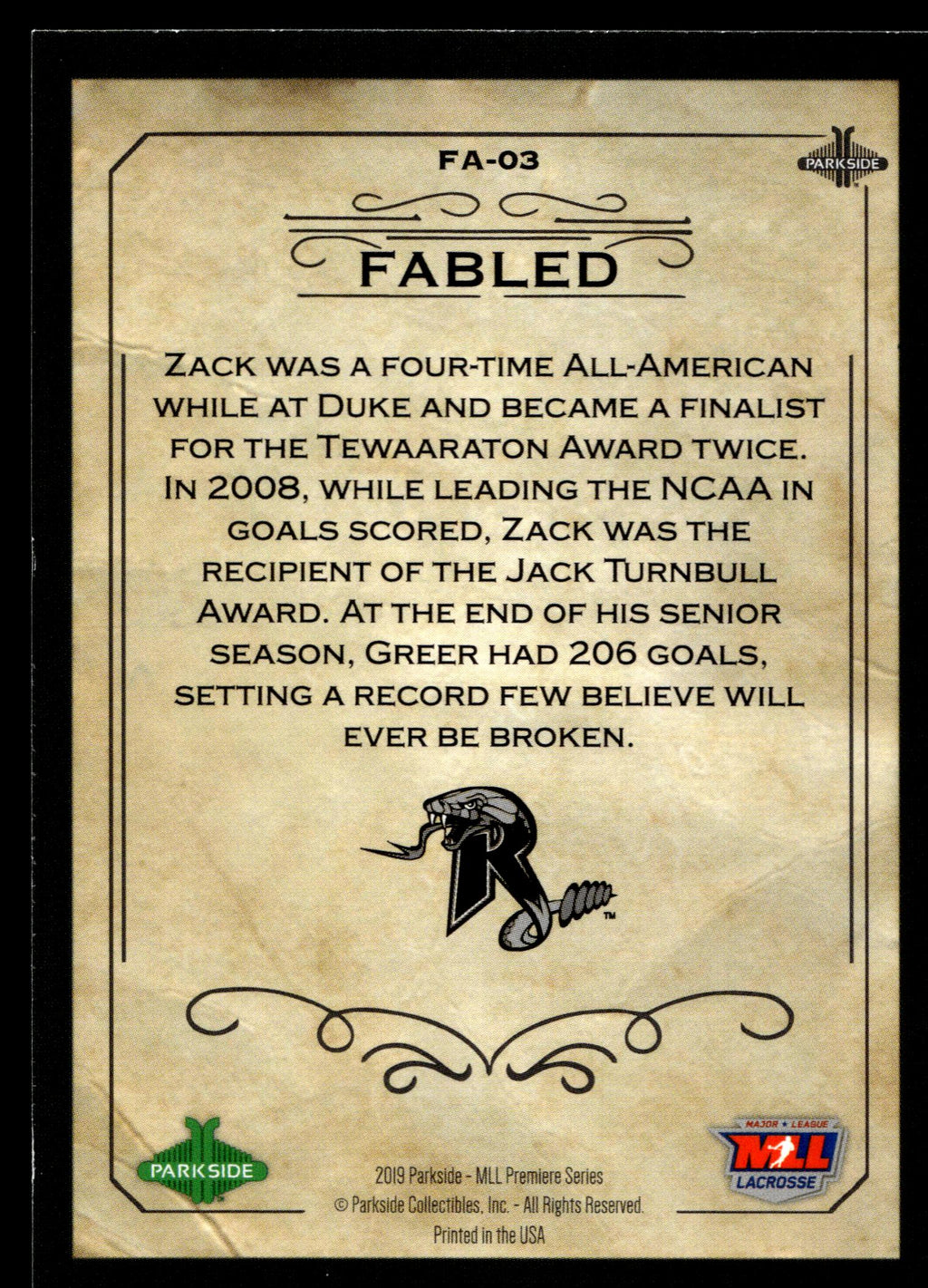 Zack Greer 2019 MLL Premier Series Dallas Rattlers Fabled #FA-03