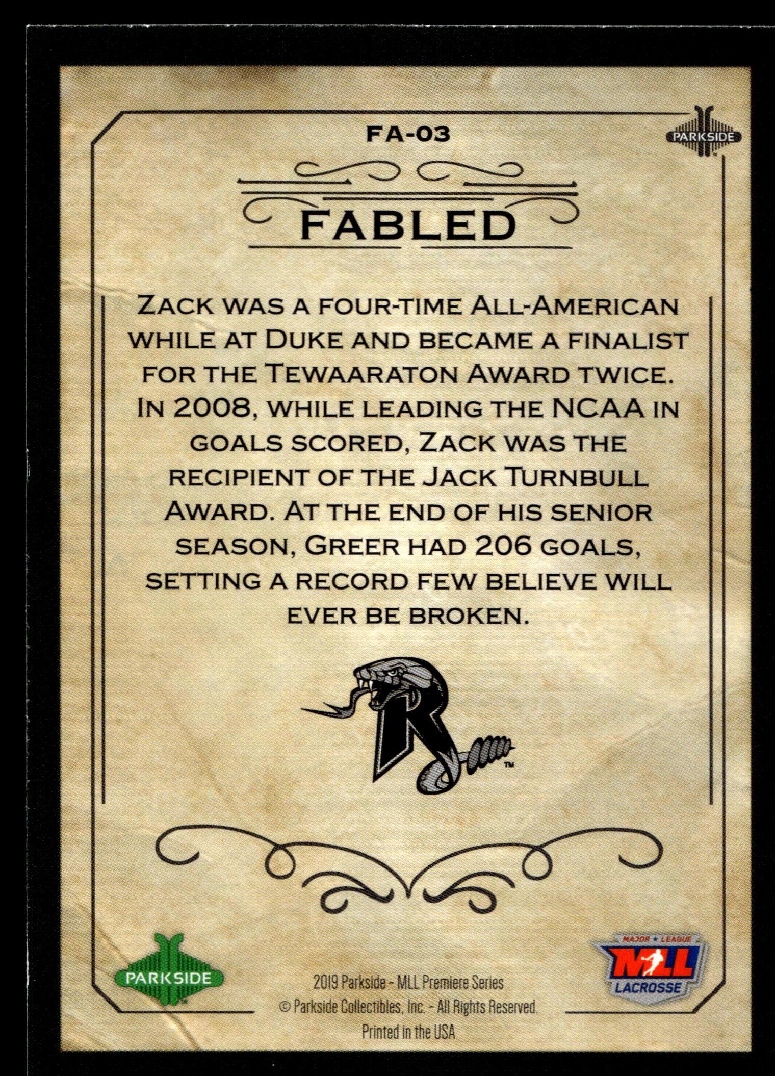 Zack Greer 2019 MLL Premier Series Dallas Rattlers Fabled #FA-03