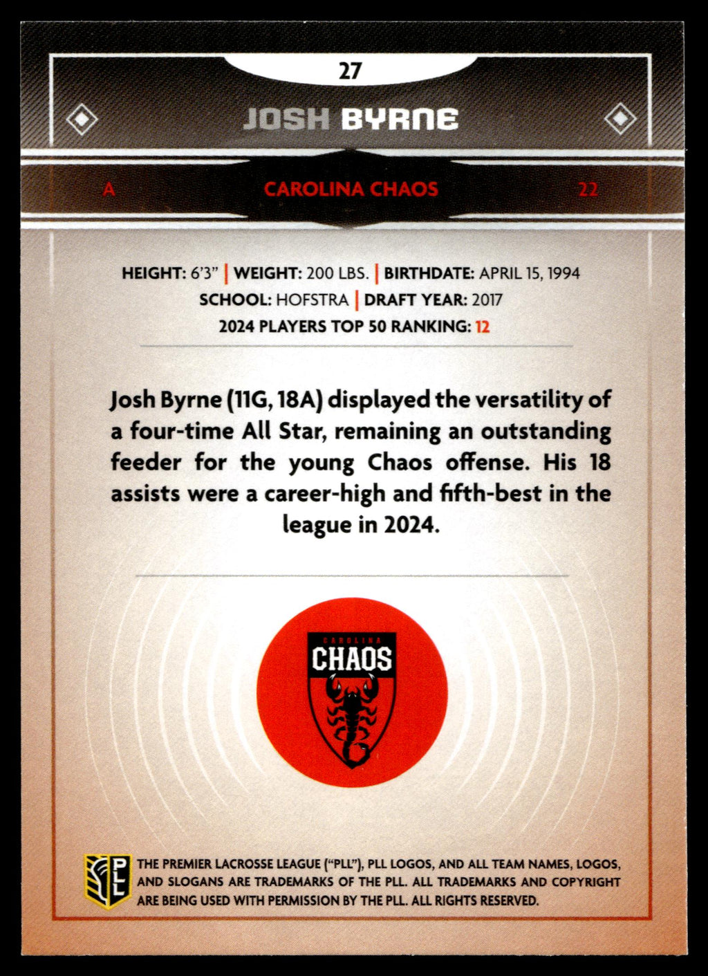 Josh Byrne 2025 PLL Fieldside Carolina Chaos #27