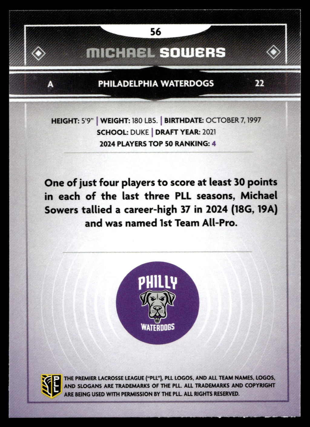 Michael Sowers 2025 PLL Fieldside Philadelphia Waterdogs #56