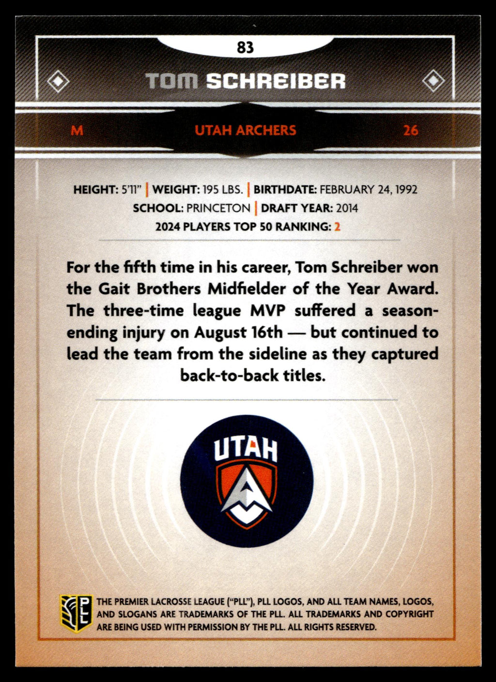 Tom Schreiber 2025 PLL Fieldside Utah Archers #83