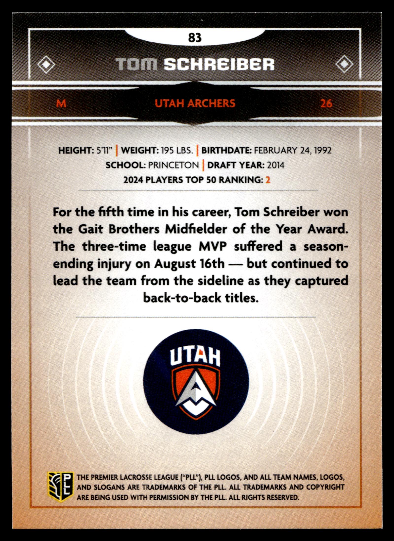 Tom Schreiber 2025 PLL Fieldside Utah Archers #83