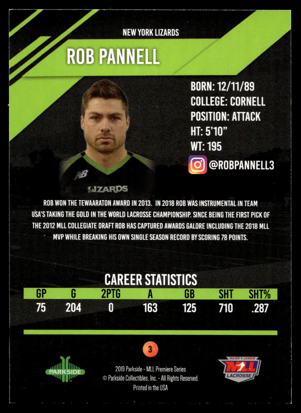 Rob Pannell 2019 MLL Premier Series New York Lizards Borderless #3