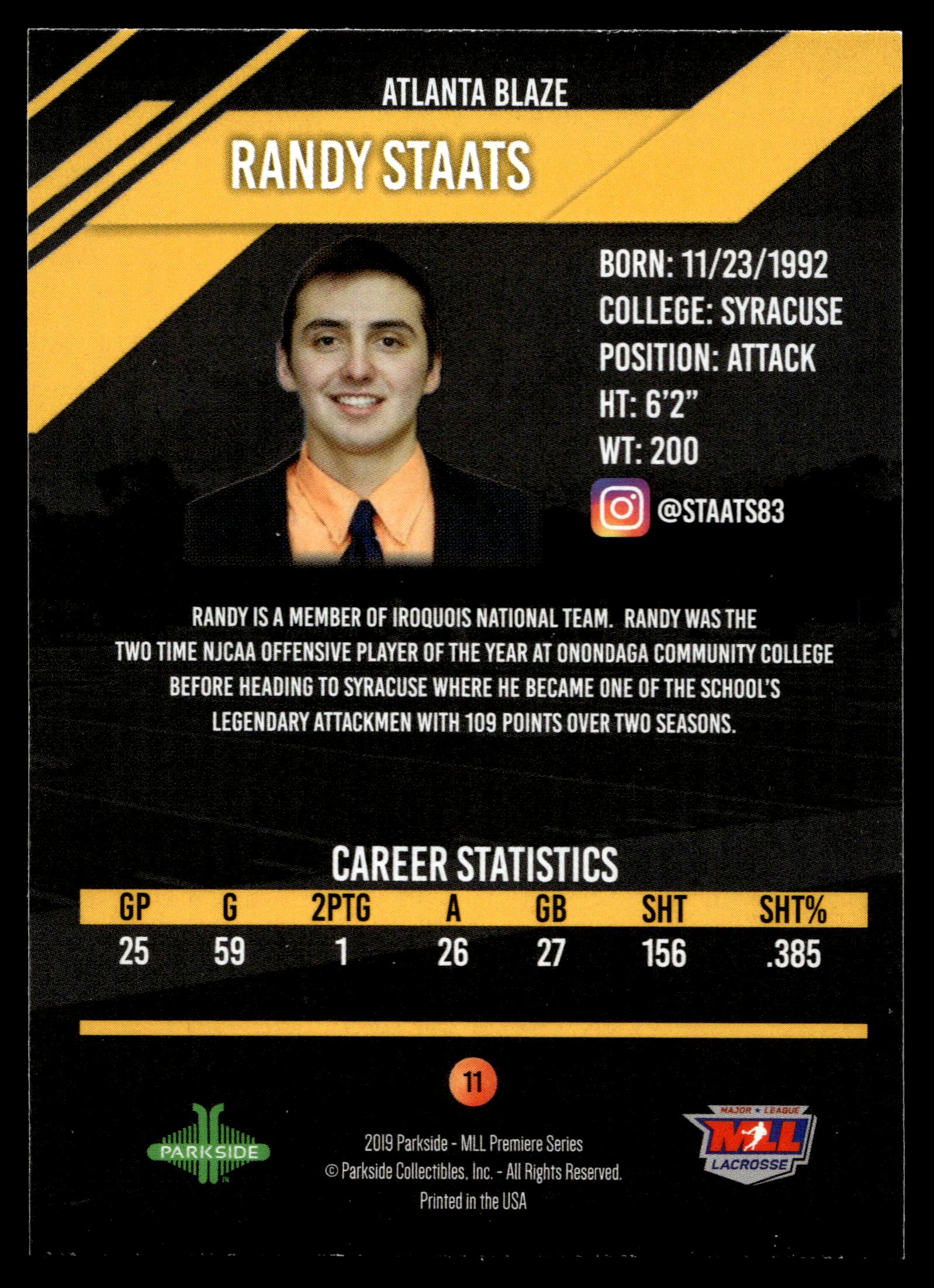 Randy Staats 2019 MLL Premier Series Atlanta Blaze #11