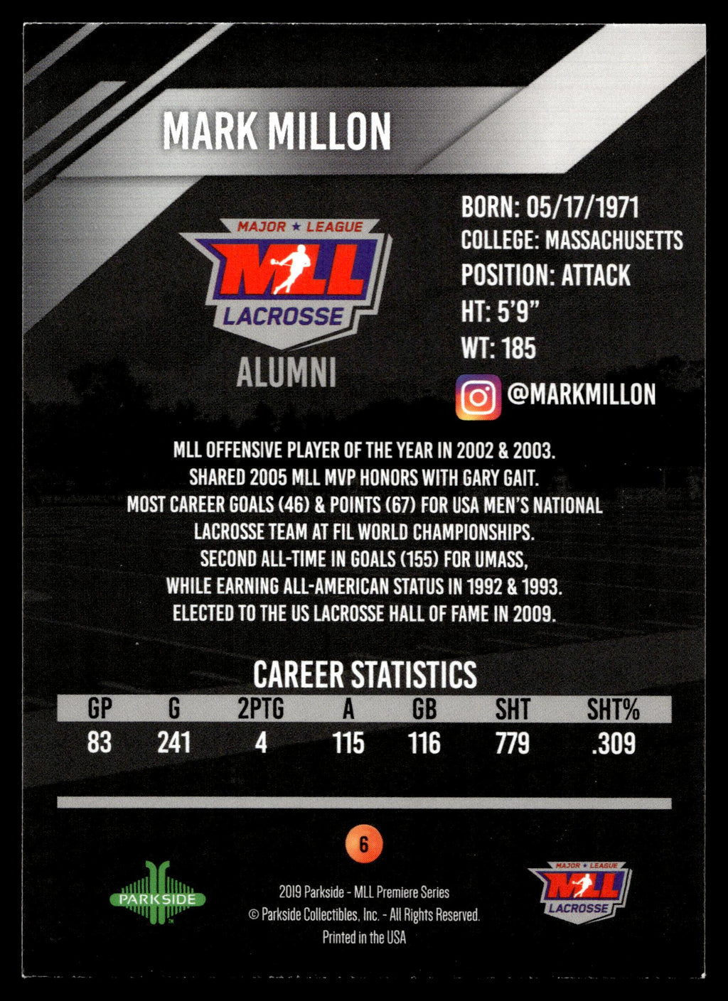 Mark Millon 2019 MLL Premier Series Chesapeake Bayhawks Alumni #6