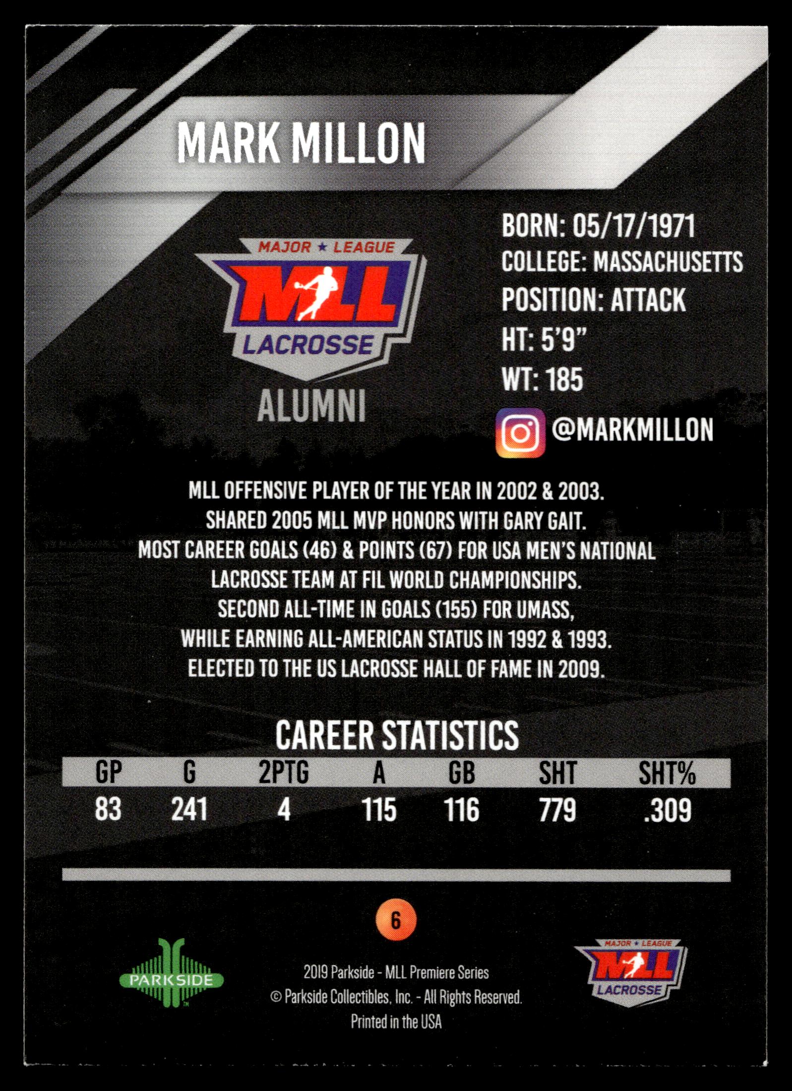 Mark Millon 2019 MLL Premier Series Chesapeake Bayhawks Alumni #6