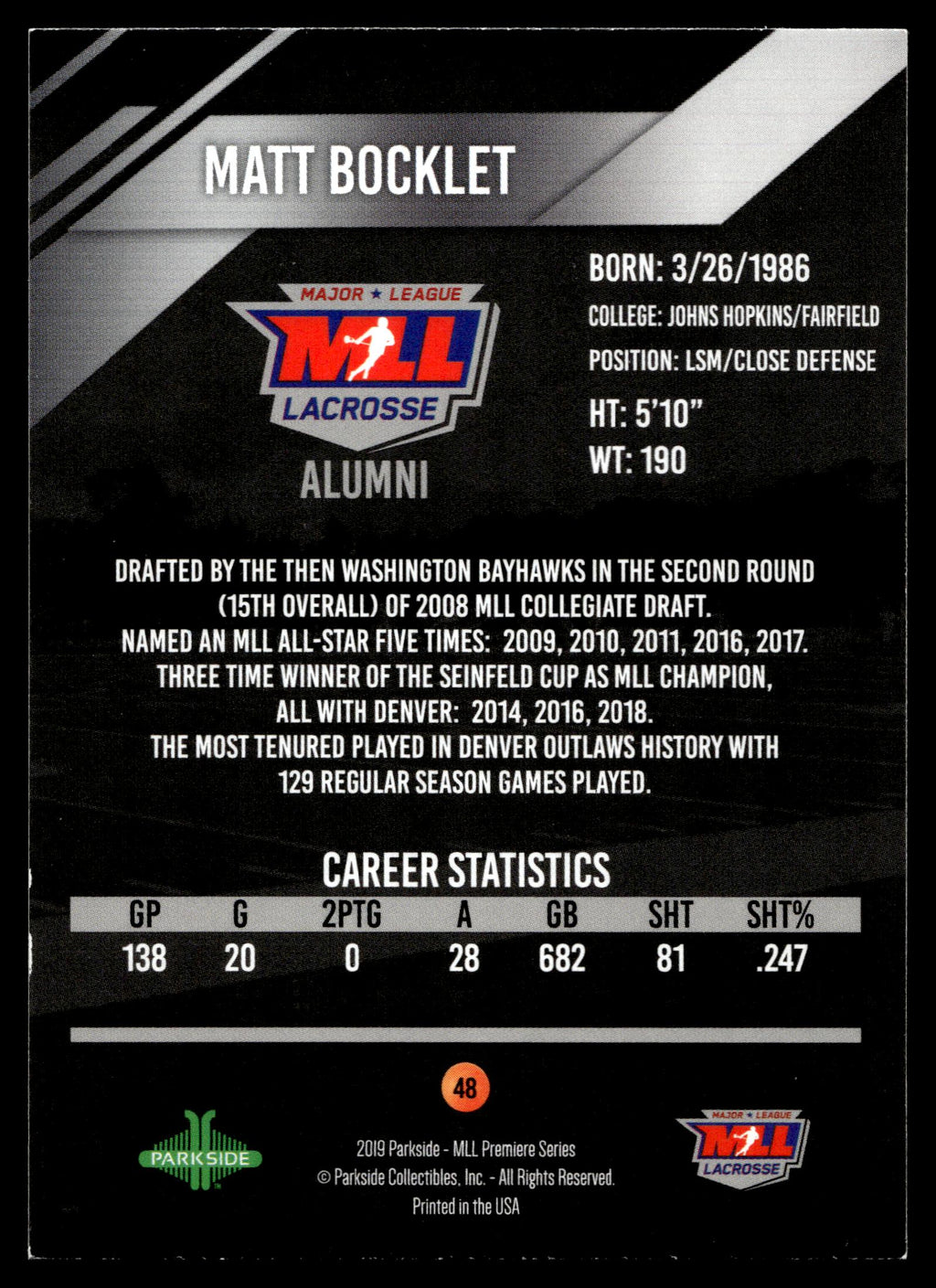 Matt Bocklett 2019 MLL Premier Series Denver Outlaws Alumni #48