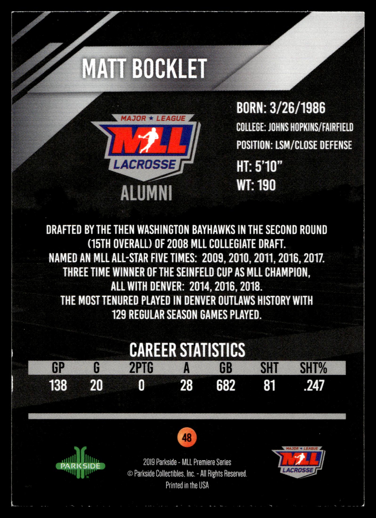 Matt Bocklett 2019 MLL Premier Series Denver Outlaws Alumni #48