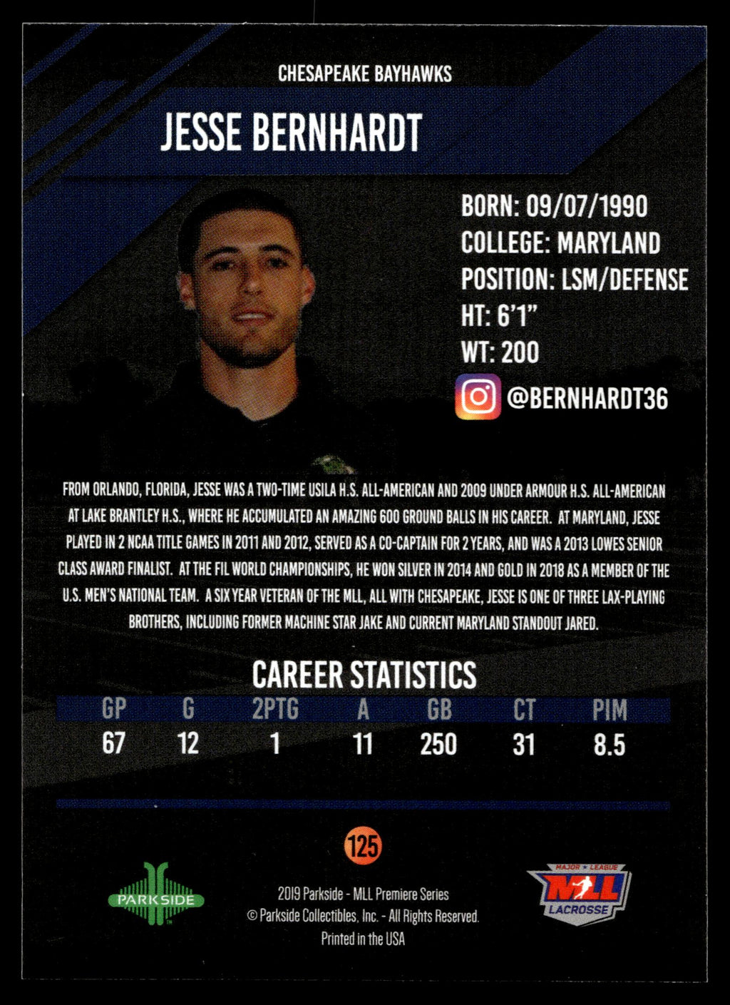 Jesse Bernhardt 2019 MLL Premier Series Chesapeake Bayhawks #125