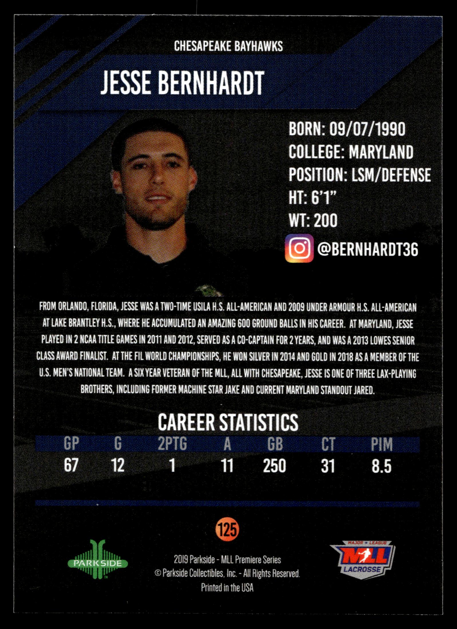 Jesse Bernhardt 2019 MLL Premier Series Chesapeake Bayhawks #125