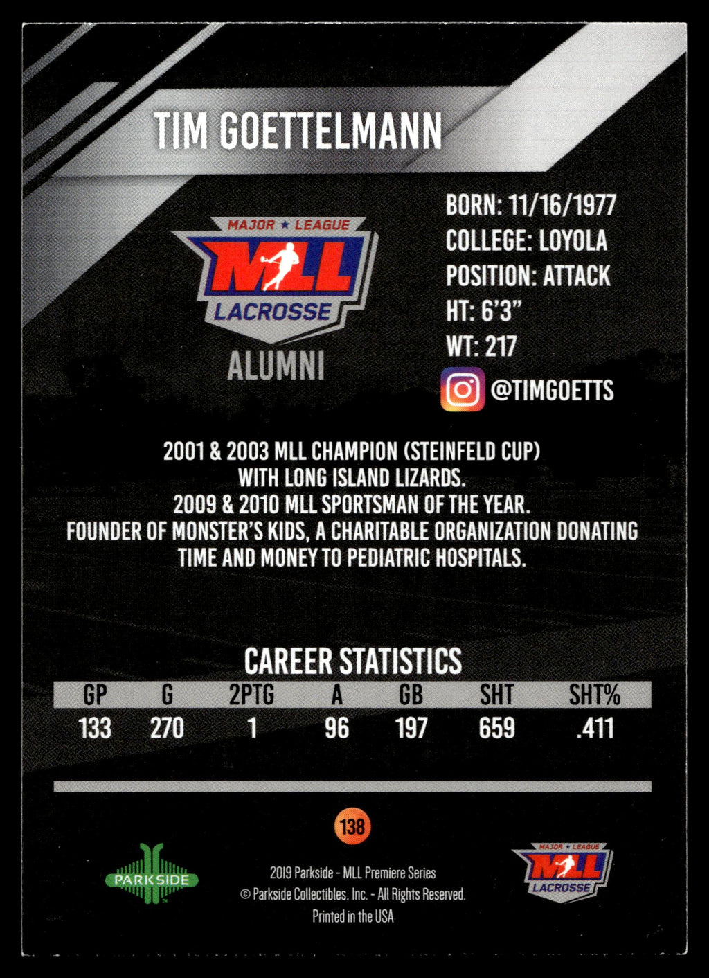 Tim Goettelmann 2019 MLL Premier Series Long Island Lizards Alumni #138