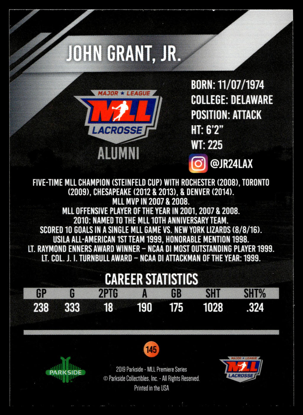 John Grant, Jr. 2019 MLL Premier Series Denver Outlaws Alumni #145