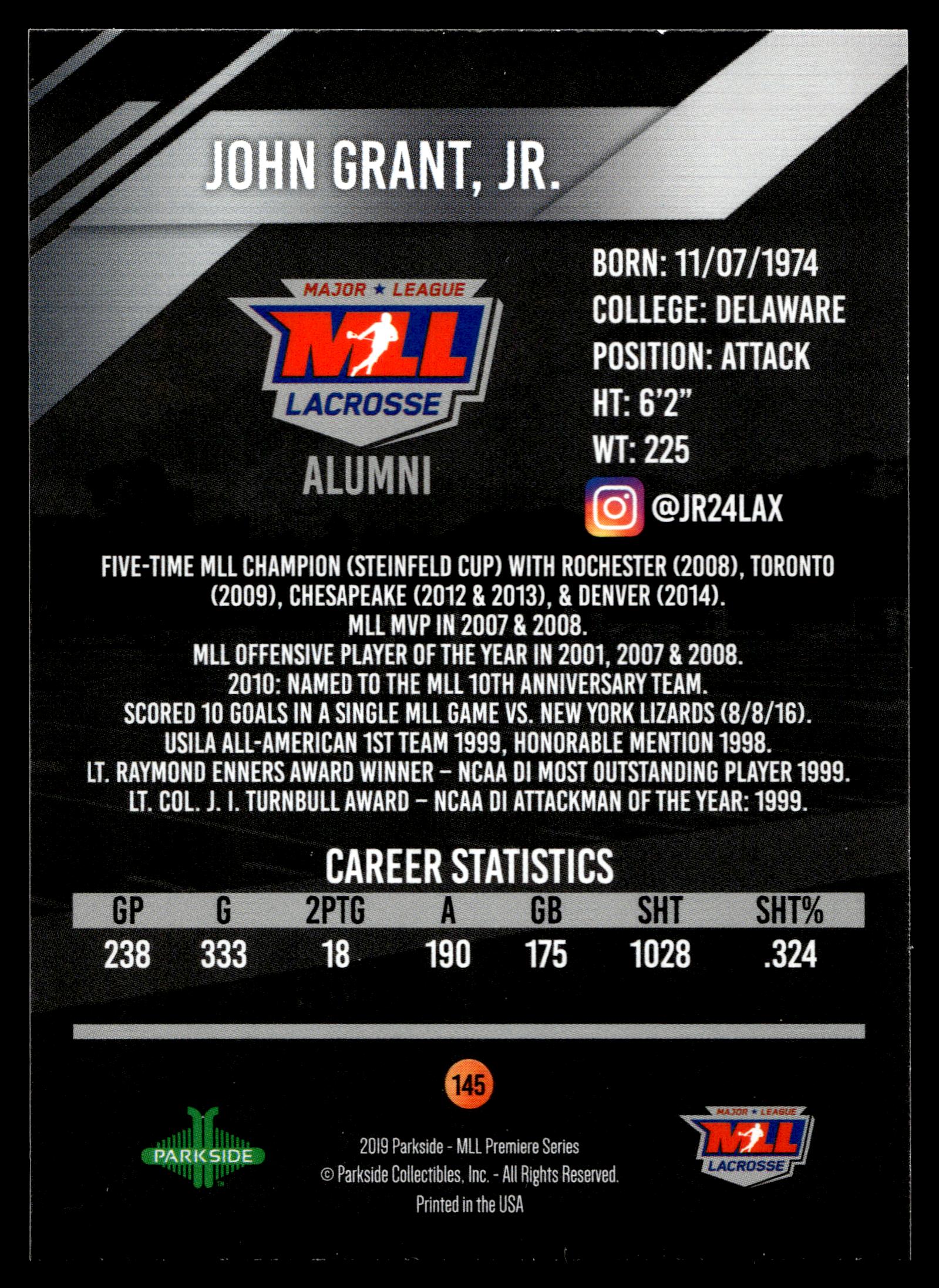 John Grant, Jr. 2019 MLL Premier Series Denver Outlaws Alumni #145