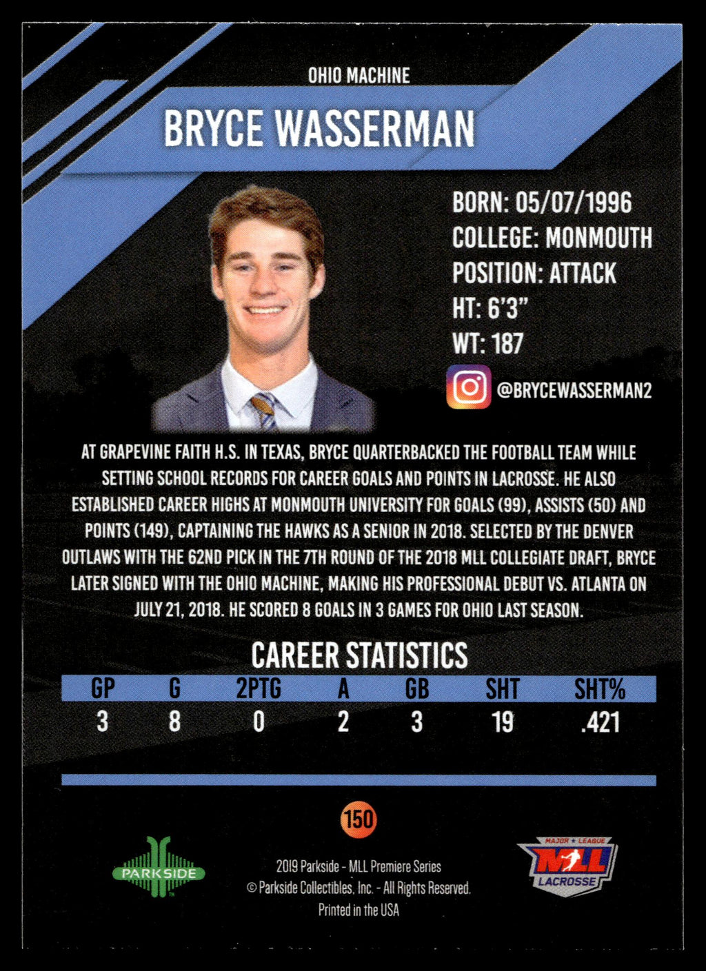 Bryce Wasserman 2019 MLL Premier Series Ohio Machine #150
