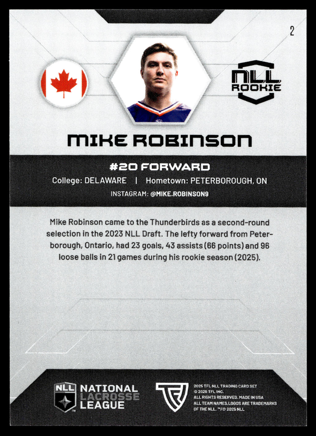 Mike Robinson 2025 TFL Sports NLL Halifax Thunderbirds Home Floor 54/75 #2