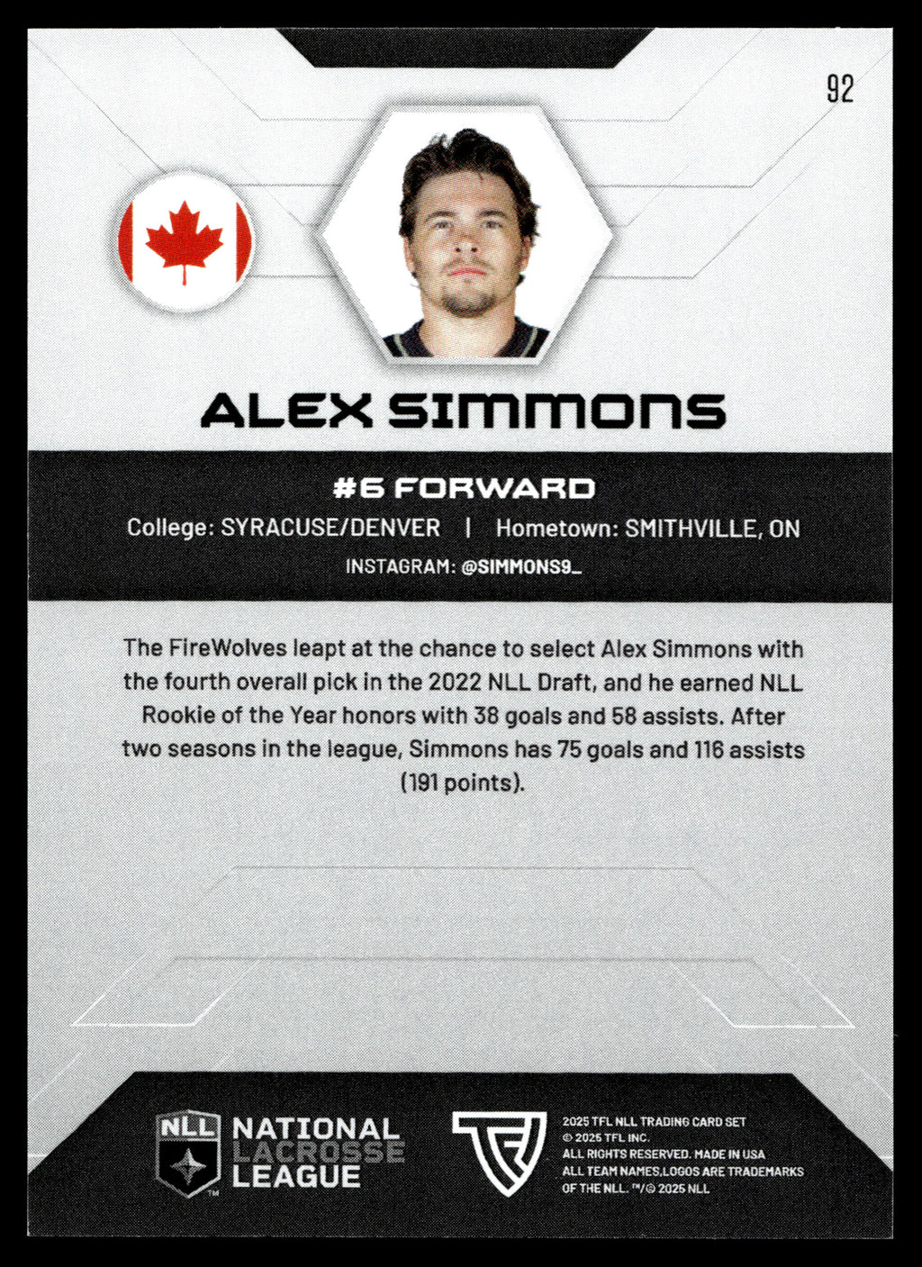 Alex Simmons 2025 TFL Sports NLL Albany Firewolves Home Floor 52/75 #92