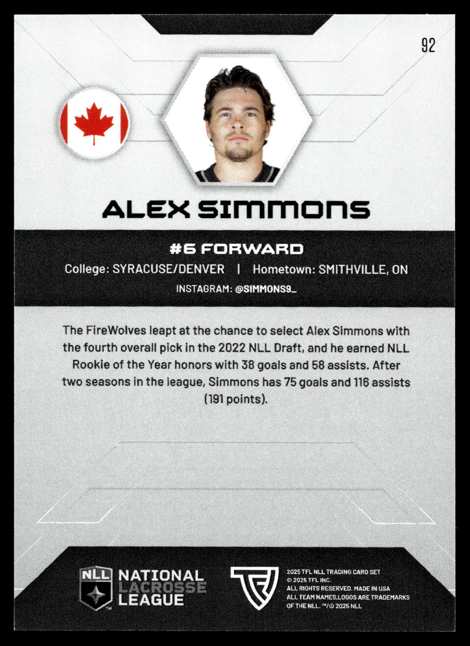 Alex Simmons 2025 TFL Sports NLL Albany Firewolves Home Floor 52/75 #92