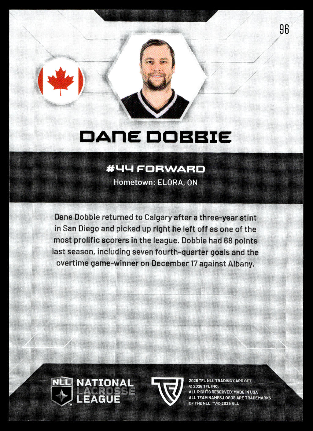 Dane Dobbie 2025 TFL Sports NLL Calgary Roughnecks Home Floor 27/75 #96