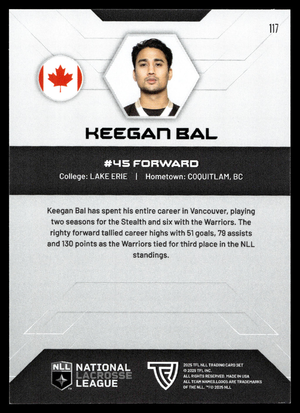 Keegan Bal 2025 TFL Sports NLL Vancouver Warriors Home Floor 39/75 #117