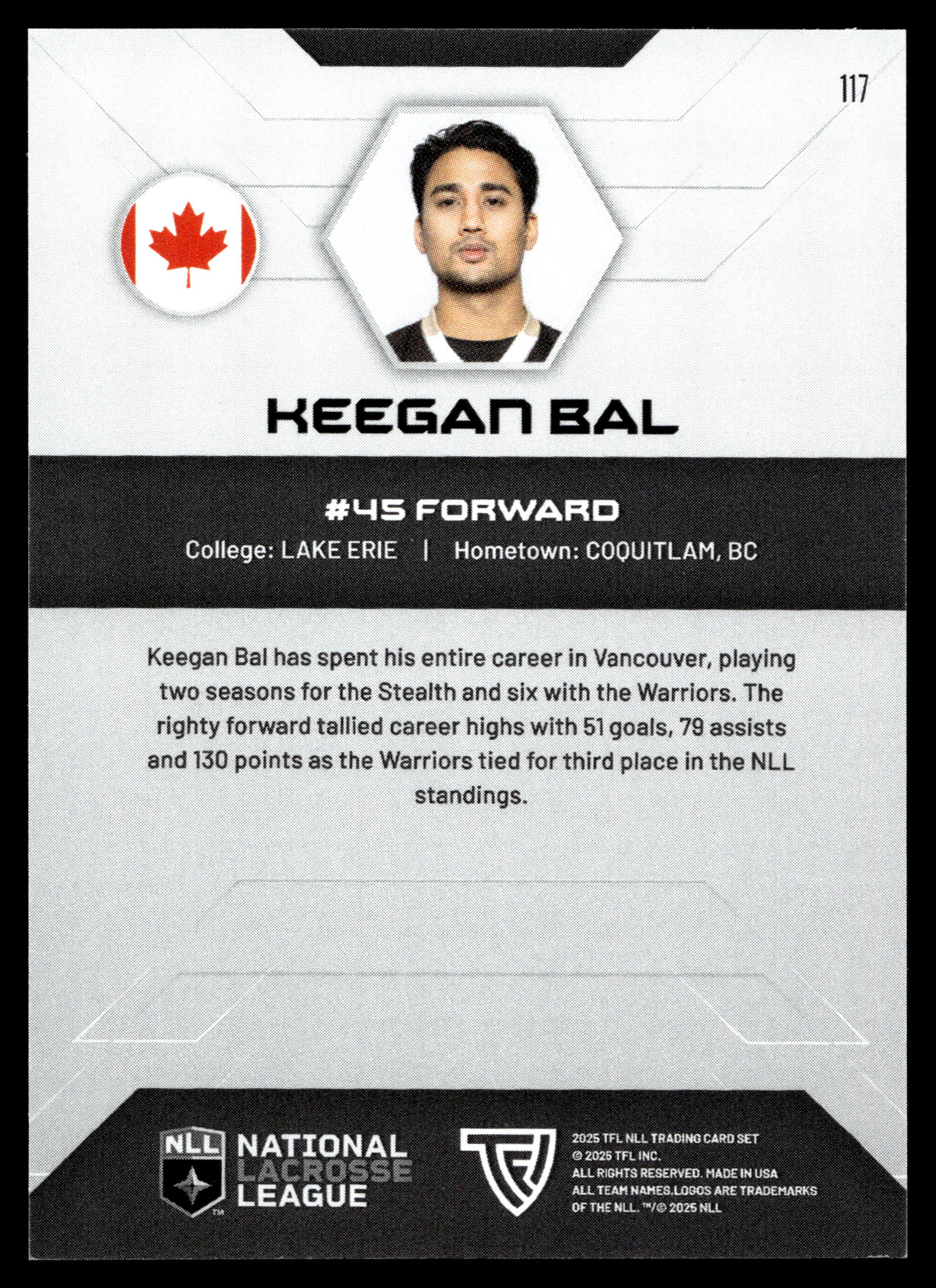 Keegan Bal 2025 TFL Sports NLL Vancouver Warriors Home Floor 39/75 #117