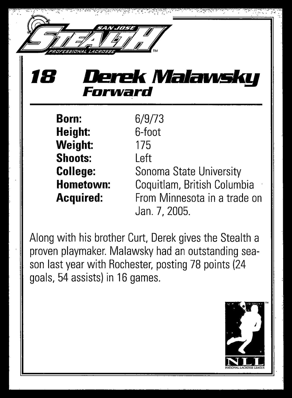 Derek Malawsky 2005 San Jose Stealth San Jose Stealth #18