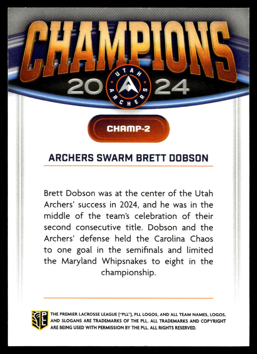 Brett Dobson 2025 PLL Fieldside Utah Archers Champions #CHAMP-2