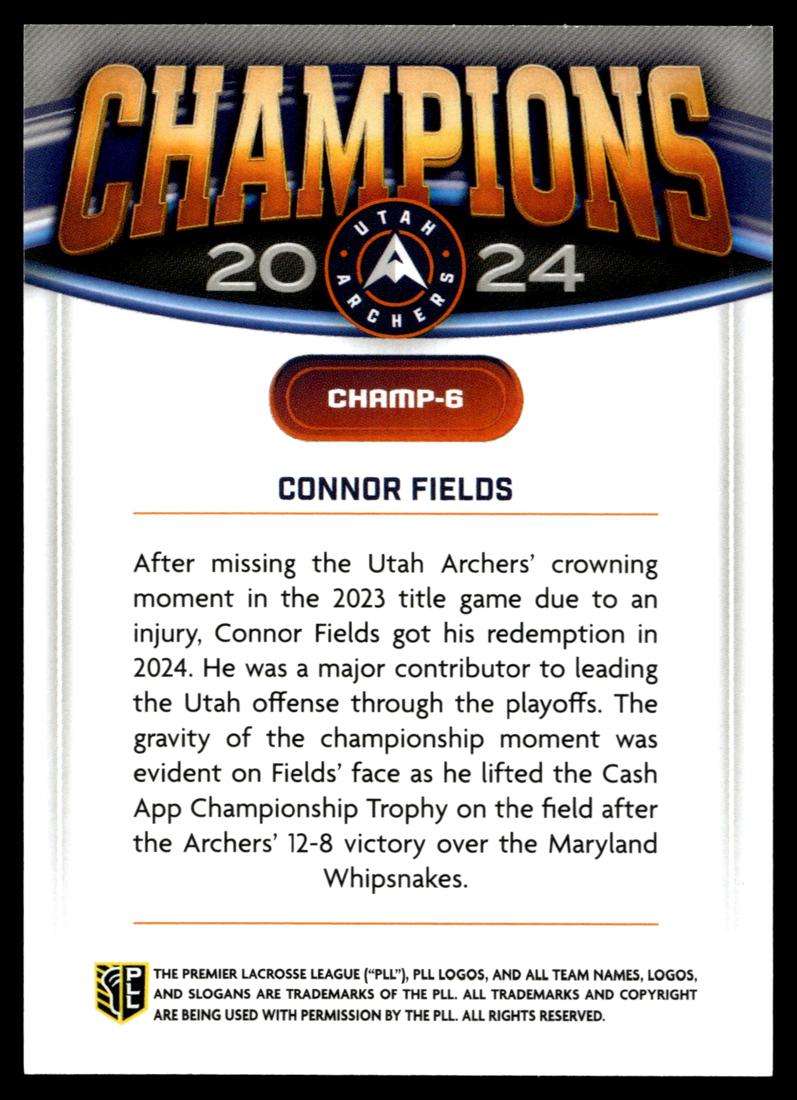 Connor Fields 2025 PLL Fieldside Utah Archers Champions #CHAMP-6