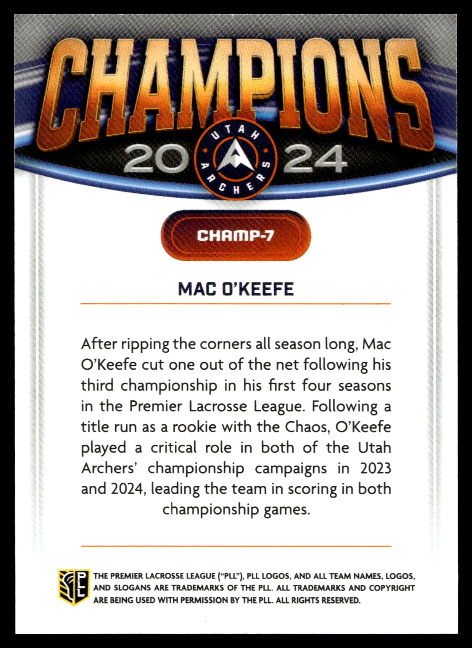 Mac O'Keefe 2025 PLL Fieldside Utah Archers Champions #CHAMP-7