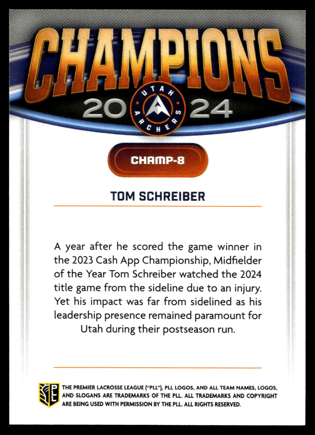 Tom Schreiber 2025 PLL Fieldside Utah Archers Champions #CHAMP-8