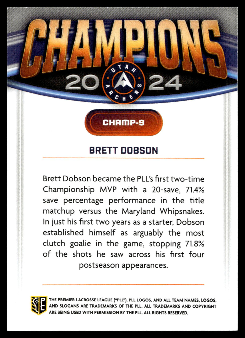 Brett Dobson 2025 PLL Fieldside Utah Archers Champions #CHAMP-9