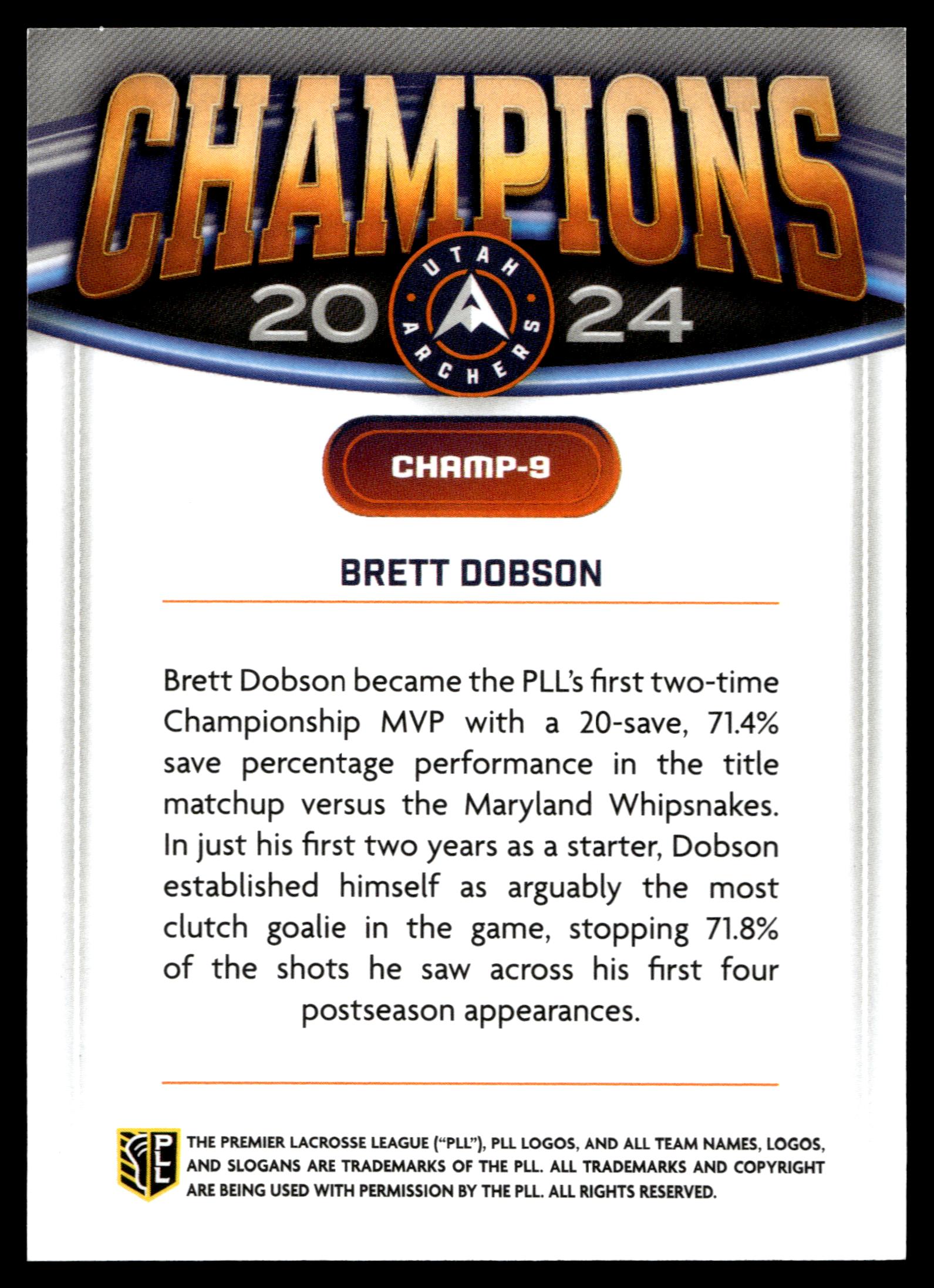 Brett Dobson 2025 PLL Fieldside Utah Archers Champions #CHAMP-9