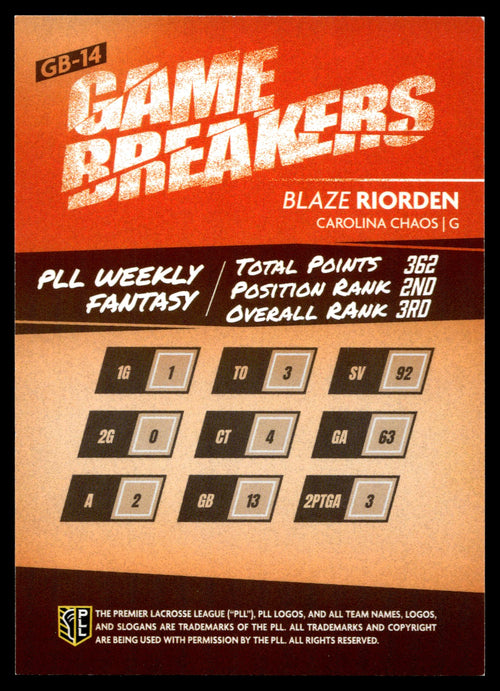 Blaze Riorden 2025 PLL Fieldside Carolina Chaos Game Breakers #GB-14