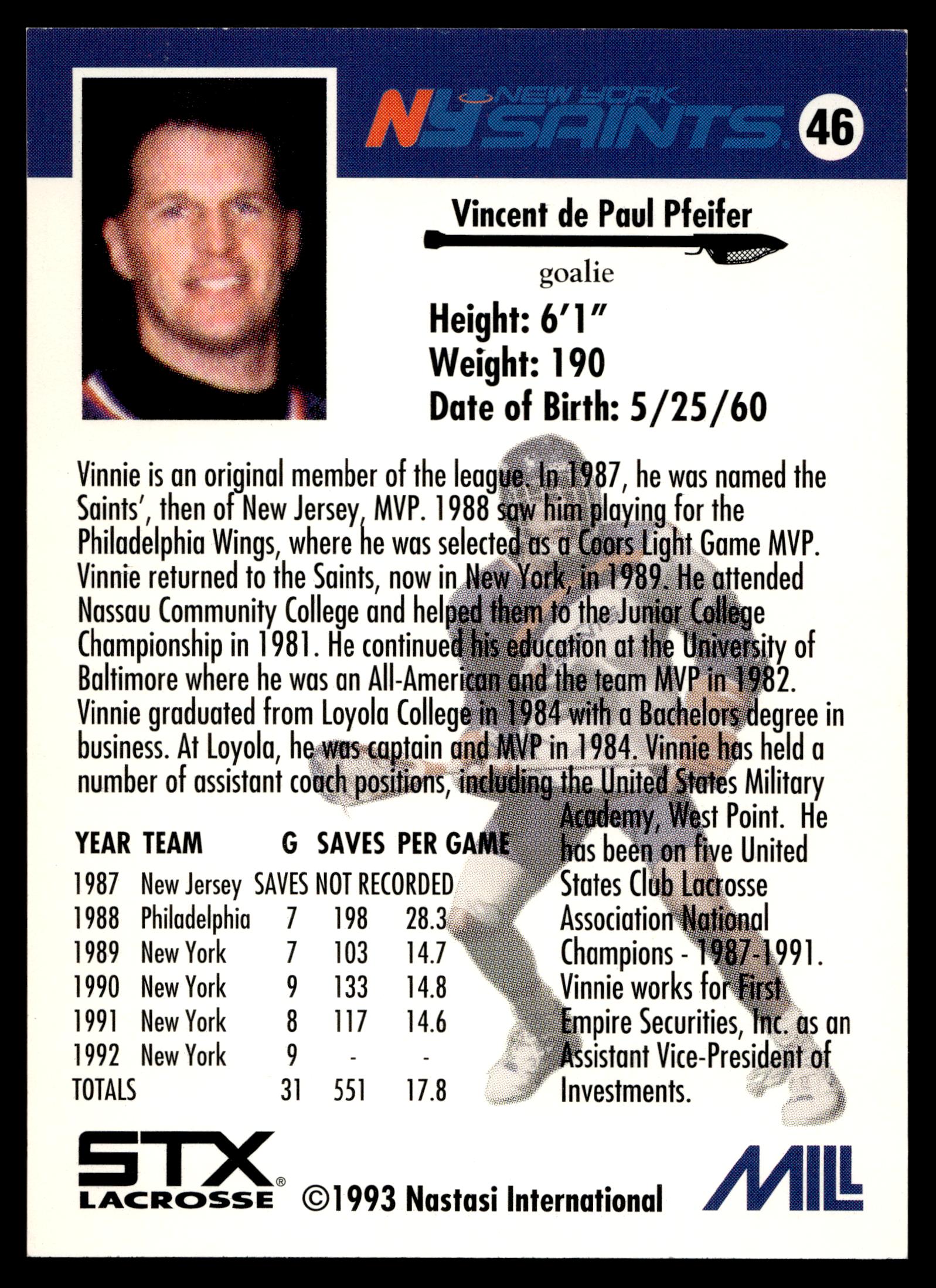 Vinnie Pfeifer 1993 MILL STX Nastasi New York Saints #46