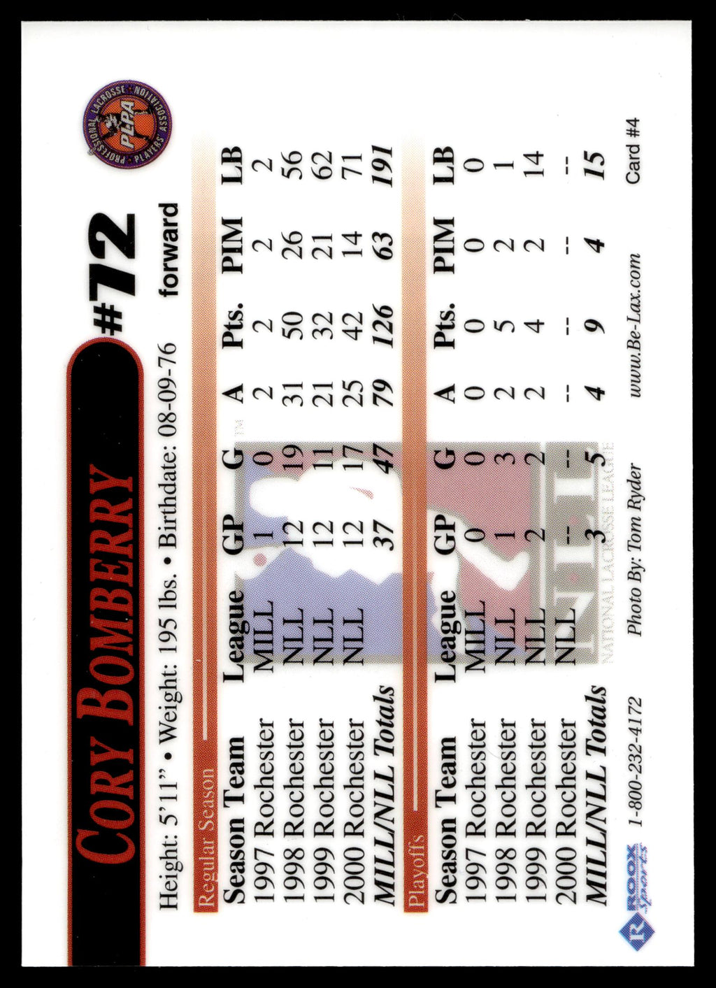 Cory Bomberry 2000 NLL Championship Game Rochester Nighthawks #72
