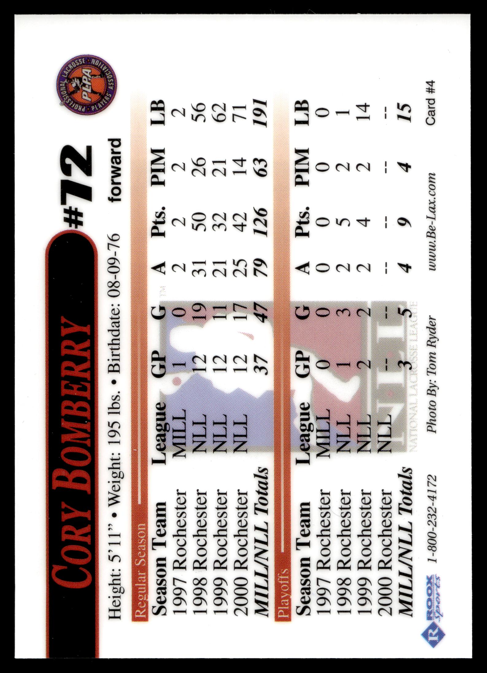 Cory Bomberry 2000 NLL Championship Game Rochester Nighthawks #72