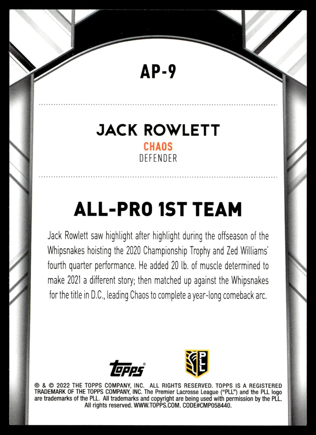 Jack Rowlett 2022 Topps PLL Carolina Chaos All Pro 1st Team #AP-9