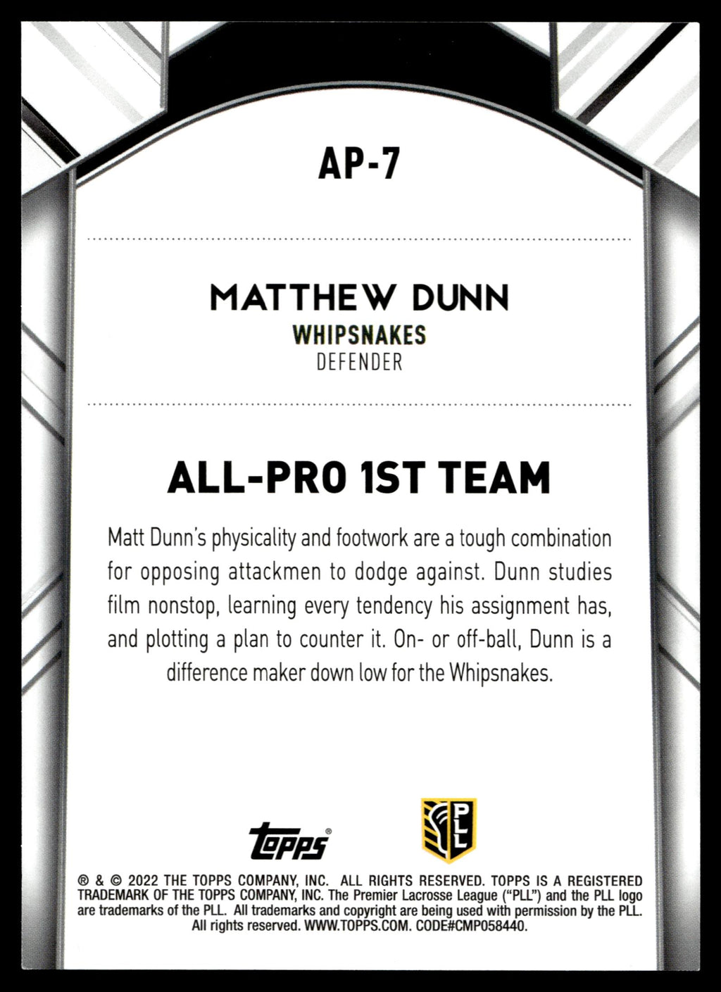 Matthew Dunn 2022 Topps PLL Maryland Whipsnakes All Pro 1st Team #AP-7