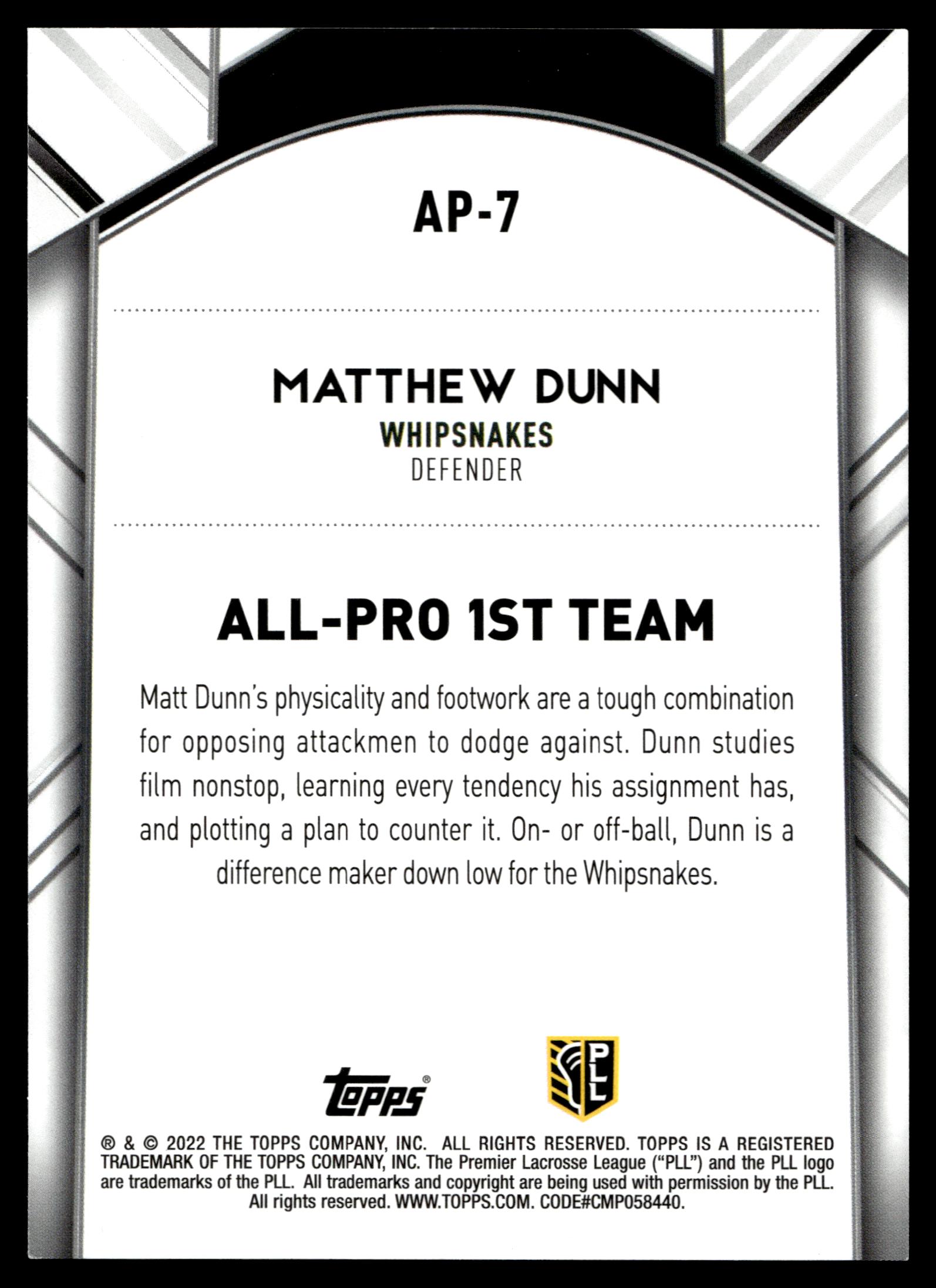 Matthew Dunn 2022 Topps PLL Maryland Whipsnakes All Pro 1st Team #AP-7