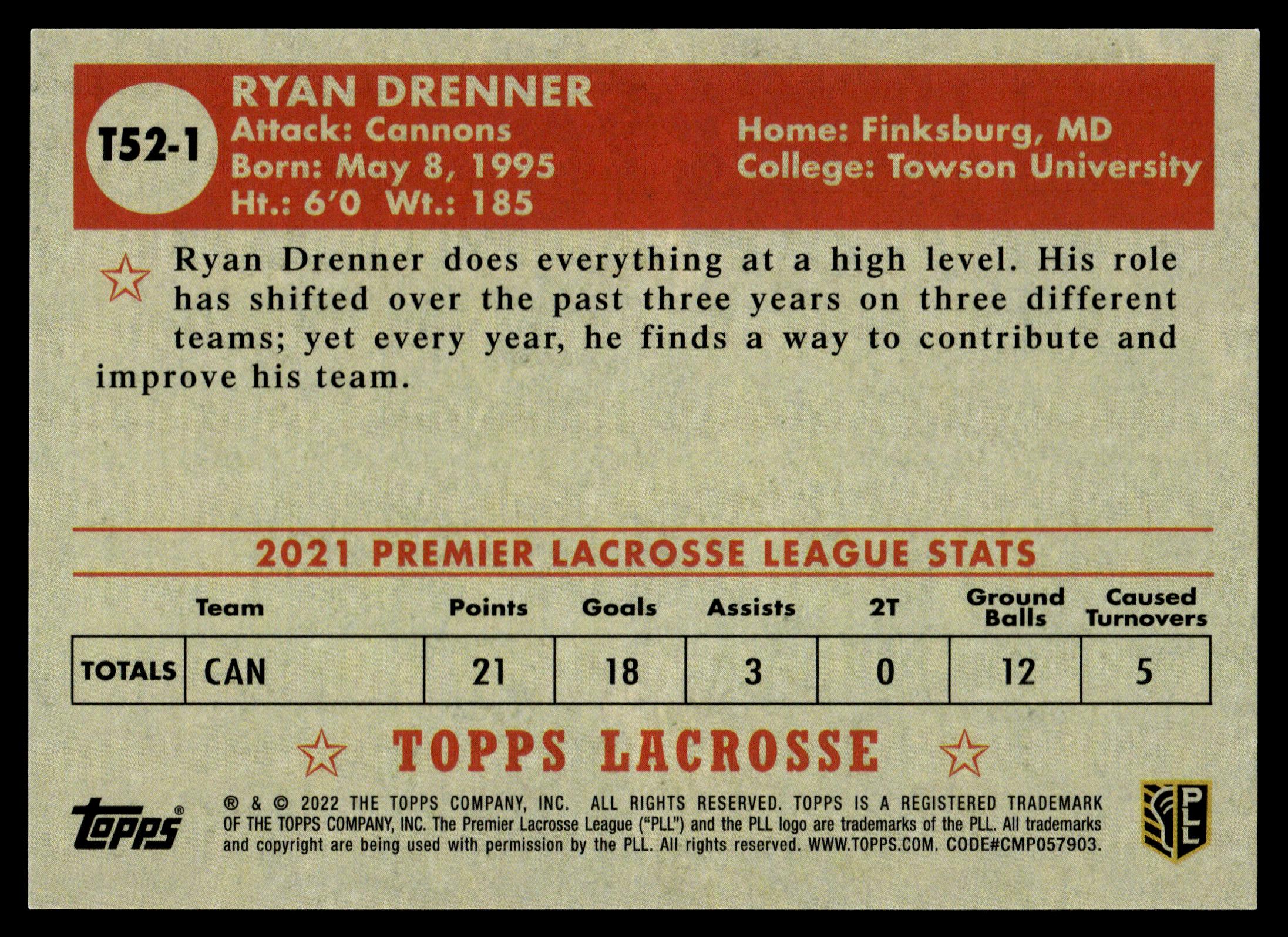 Ryan Drenner 2022 Topps PLL Boston Cannons Topps 1952 #T52-1