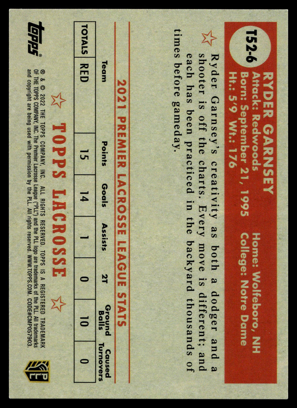 Ryder Garnsey 2022 Topps PLL California Redwoods Topps 1952 #T52-6