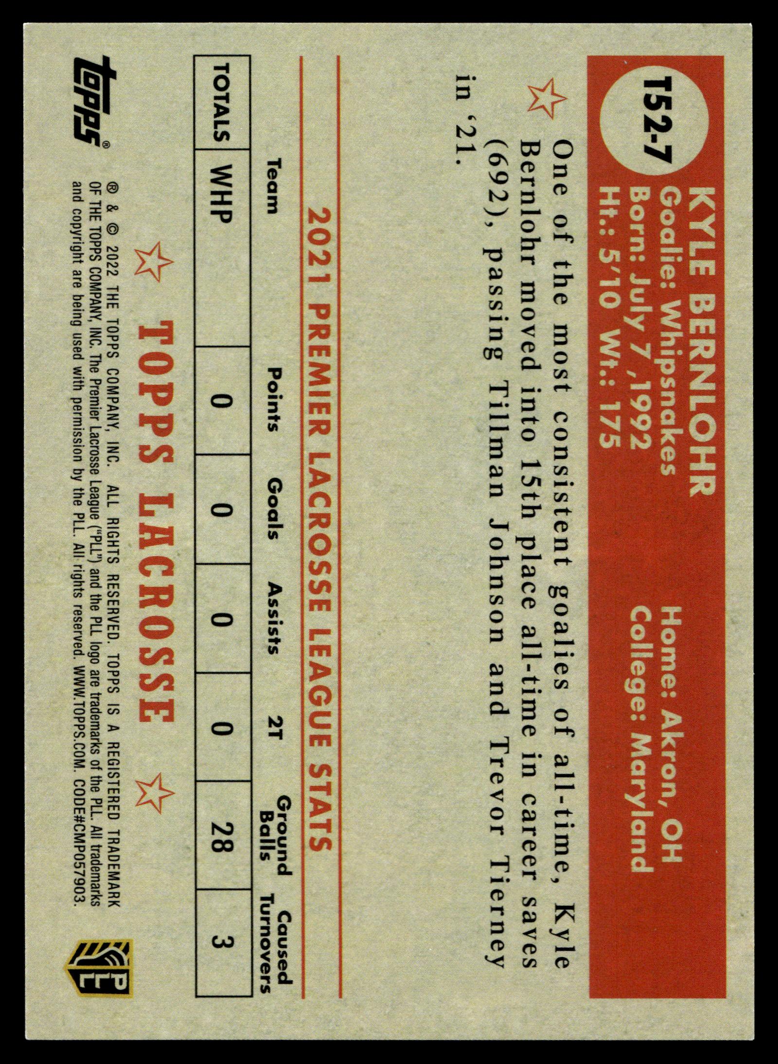 Kyle Benlohr 2022 Topps PLL Maryland Whipsnakes Topps 1952 #T52-7