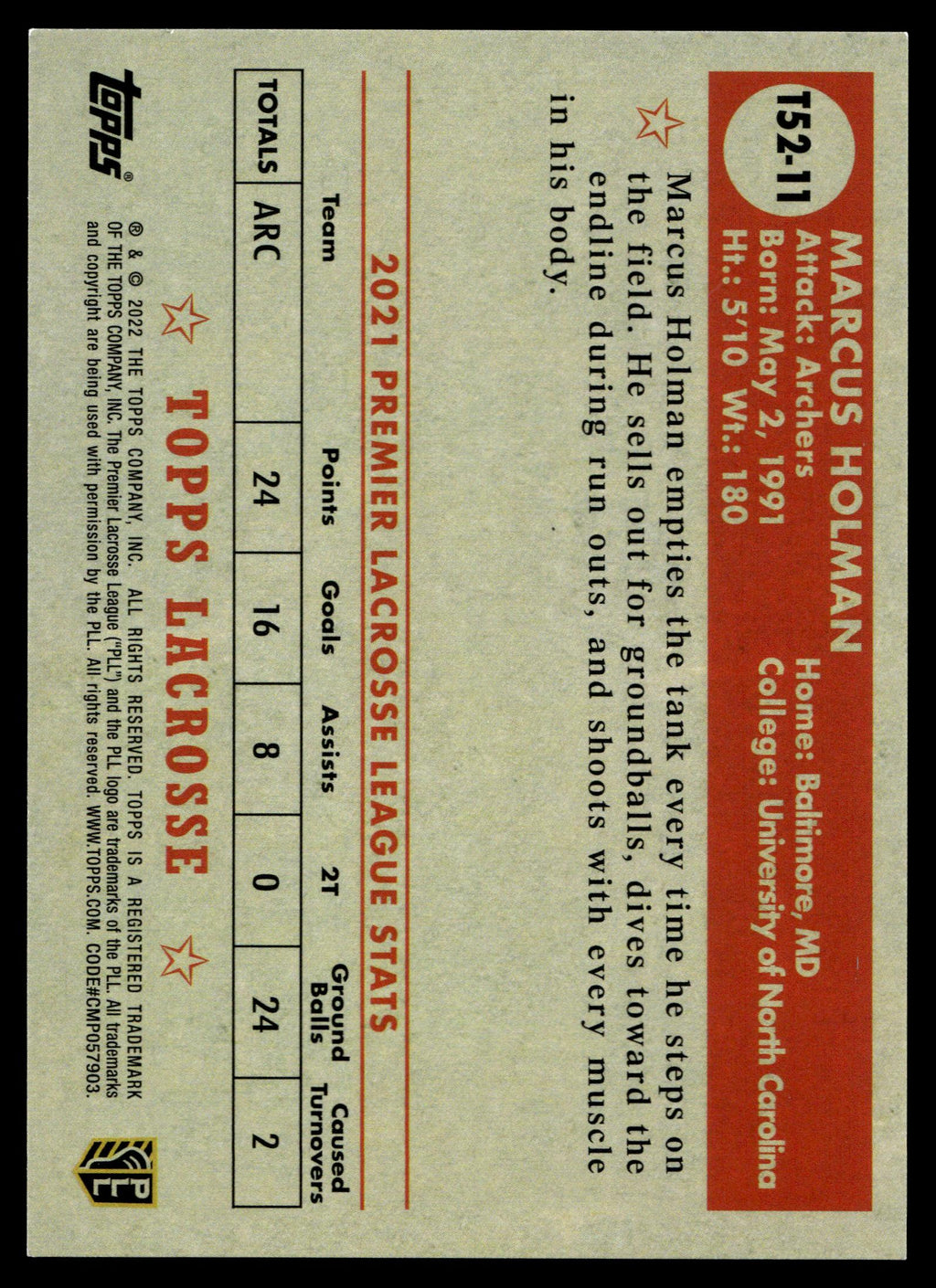 Marcus Holman 2022 Topps PLL Utah Archers Topps 1952 #T52-11