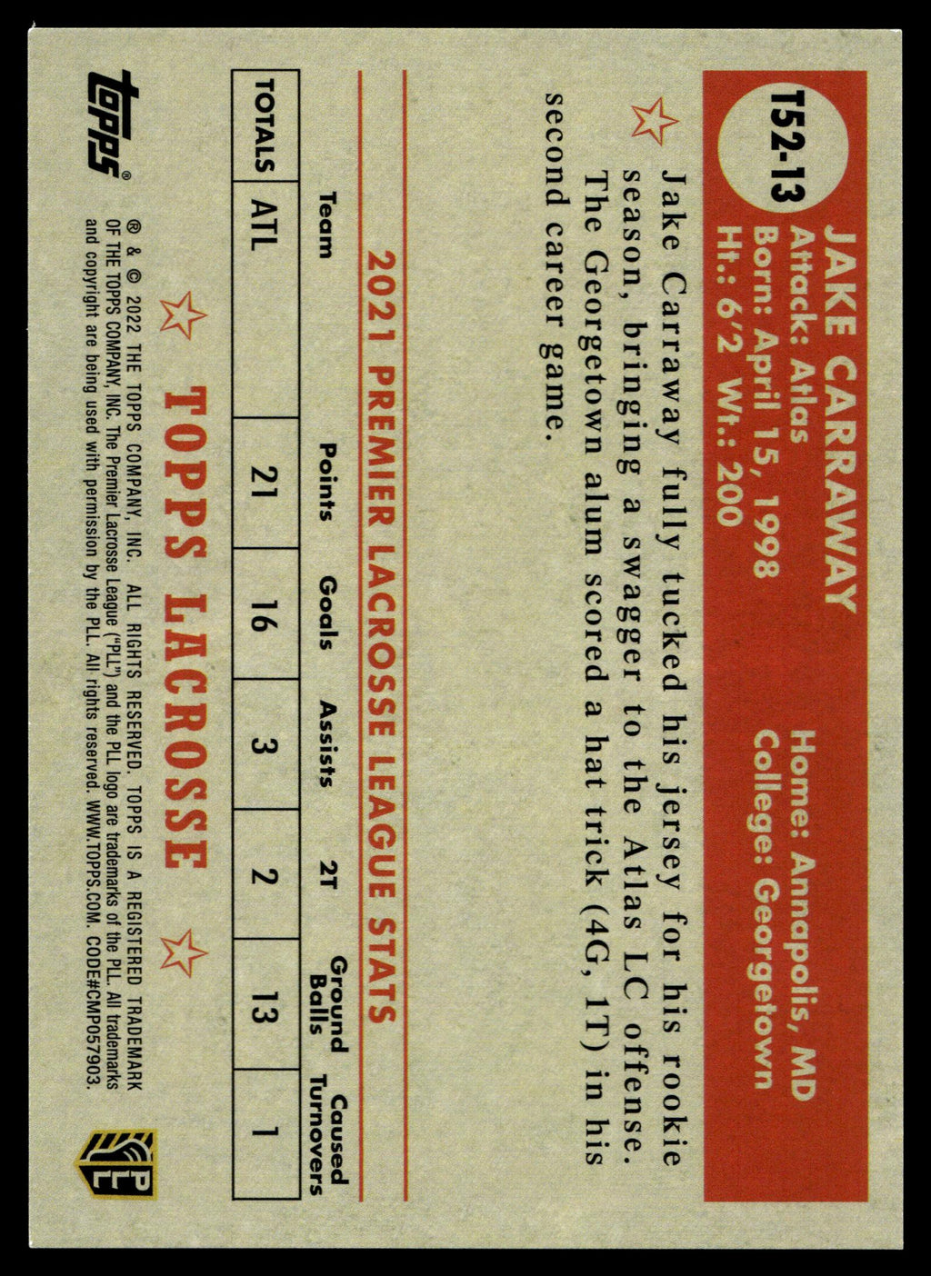 Jake Carraway 2022 Topps PLL New York Atlas Topps 1952 #T52-13