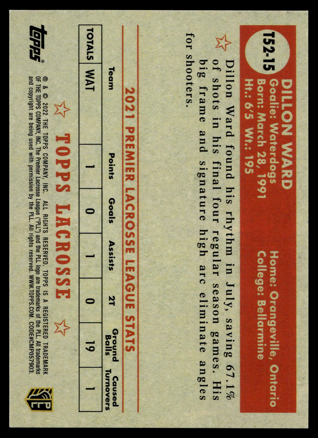 Dillon Ward 2022 Topps PLL Philadelphia Waterdogs Topps 1952 #T52-15