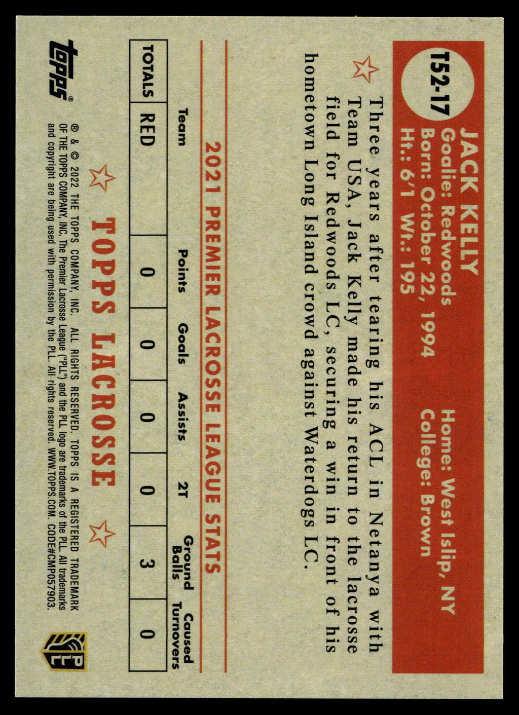 Jack Kelly 2022 Topps PLL California Redwoods Topps 1952 #T52-17