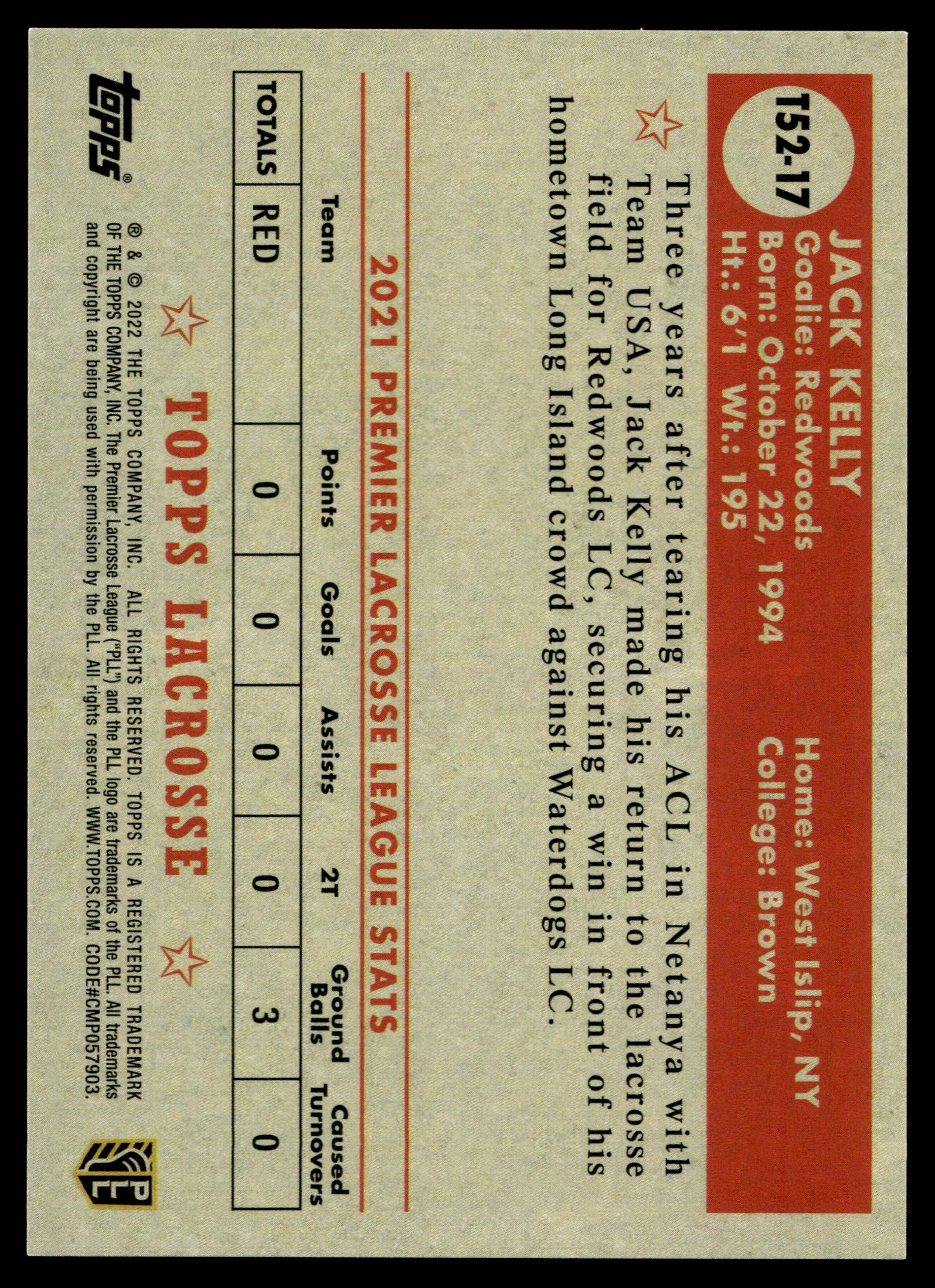 Jack Kelly 2022 Topps PLL California Redwoods Topps 1952 #T52-17