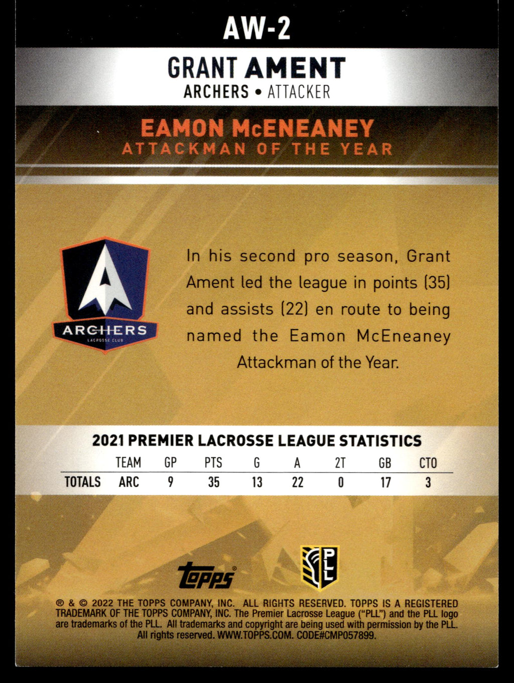Grant Ament 2022 Topps PLL Utah Archers Award Winners #AW-2