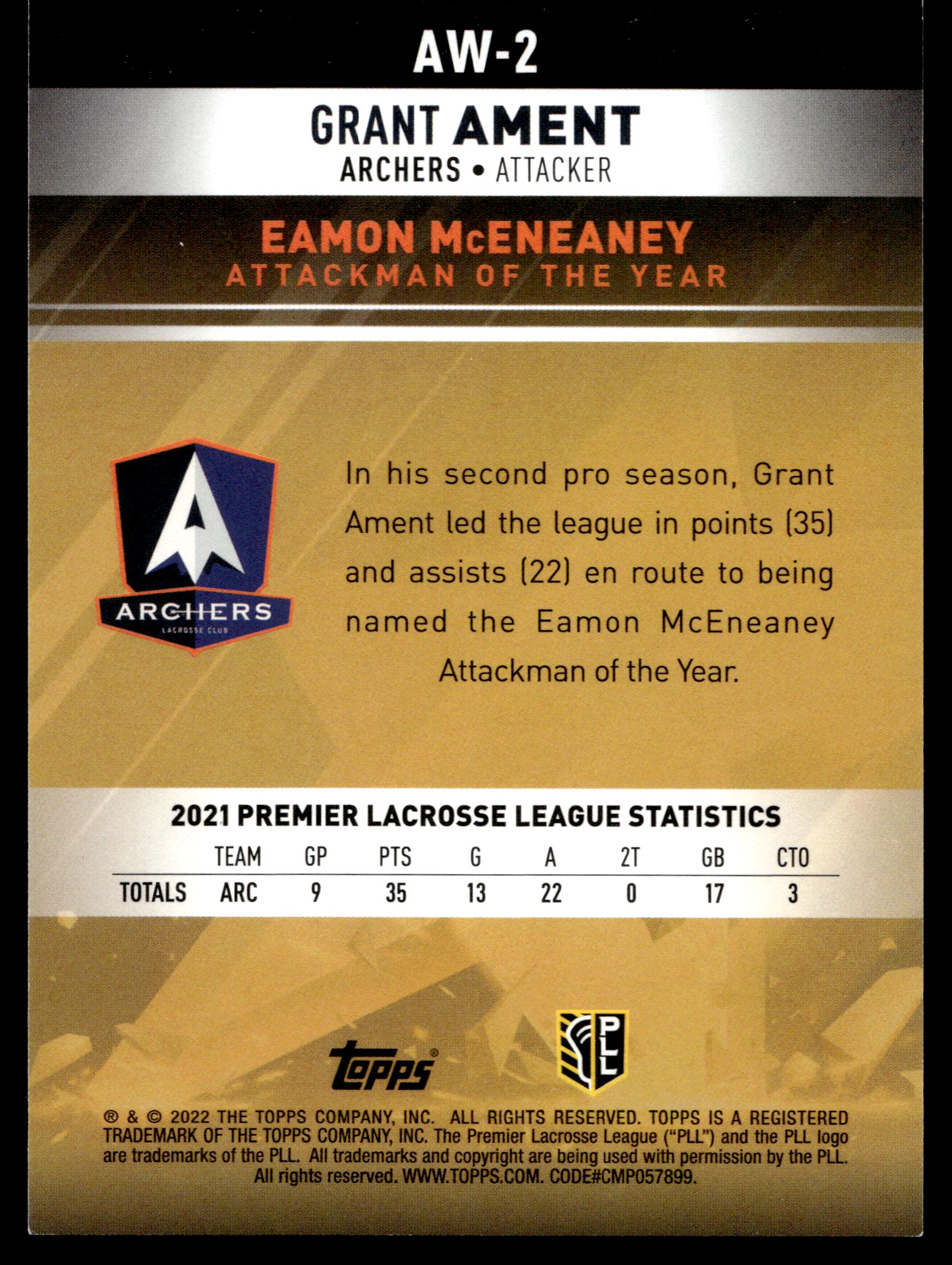 Grant Ament 2022 Topps PLL Utah Archers Award Winners #AW-2