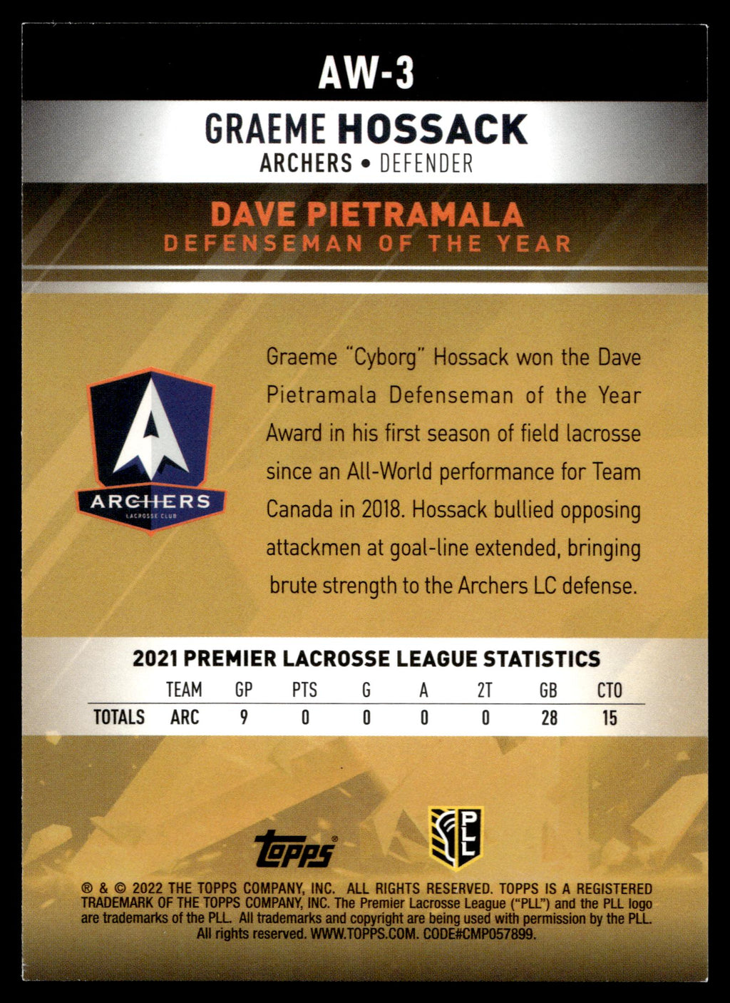 Graeme Hossack 2022 Topps PLL Utah Archers Award Winners #AW-3